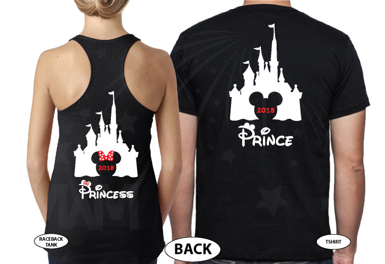 Matching Couple Shirts, Cinderella Castle, Prince and Princess, Mickey and Minnie Mouse Head with Castle and Names, married with mickey, the world's cutest matching couple black tee and tank
