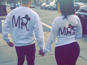 Disney Mr Mrs Matching Couple Shirts With Mickey Minnie Mouse Kissing married with mickey white sweaters
