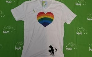 Super Sale, Clearance, White Mens Cut V neck T Shirt Large, Rainbow Heart Shaped with Mickey Mouse Kiss (front), Mine (back), Married With Mickey, c222