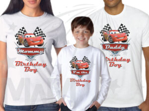 500156 Matching Family Set for Birthday Boy, Mommy of the Birthday Boy and Daddy of the Birthday Boy from Cars movie, married with mickey white ladies t shirt, toddler long sleeve, mens cut t shirt