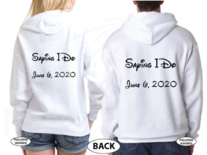 Adorable matching couple Future Husband and Wife apparel, Saying I Do with custom dat, married with mickey, white pullover hoodies