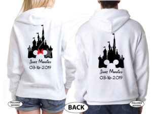 Personalized cutest Disney Mr and Mrs matching shirts with Cinderella Castle for Just Married couples with wedding date, married with mickey, white pullover hoodies