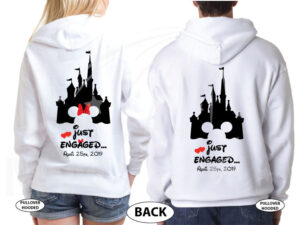 Personalized adorable matching couple t-shirts Disney Just engaged with wedding date for future Mr and future Mrs, etsy store plus sizes 5XL, married with mickey, white unisex pullovers