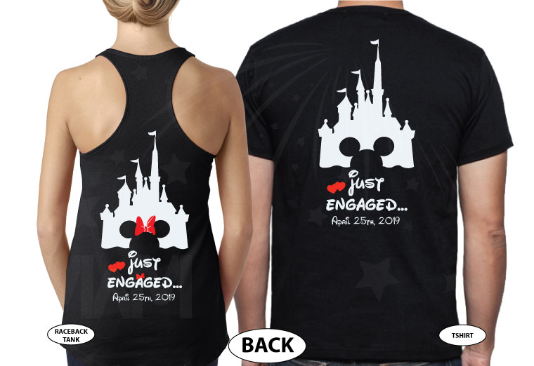 Personalized adorable matching couple t-shirts Disney Just engaged with wedding date for future Mr and future Mrs, etsy store plus sizes 5XL, married with mickey, black mens tshirt and ladies tank top
