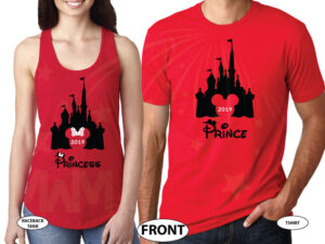 Adorable matching couple apparel for Prince and Princess with Cinderella castle 2019, Disney inspired, Mr and Mrs with custom wedding date, married with mickey, red tee and tank