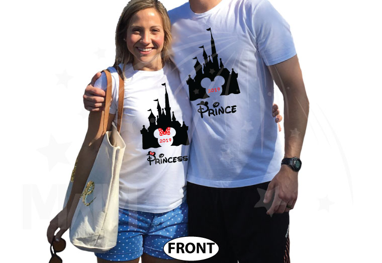 Adorable matching couple apparel for Prince and Princess with Cinderella castle 2019, Disney inspired, Mr and Mrs with custom wedding date, married with mickey, white tshirts