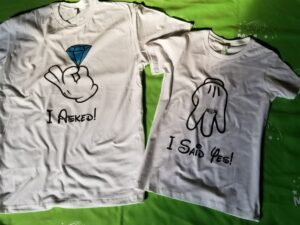 Cutest proposal shirts, I asked She said Yes! with awesome diamond ring Mickey and Minnie Mouse hands theme, married with mickey, white t-shirts