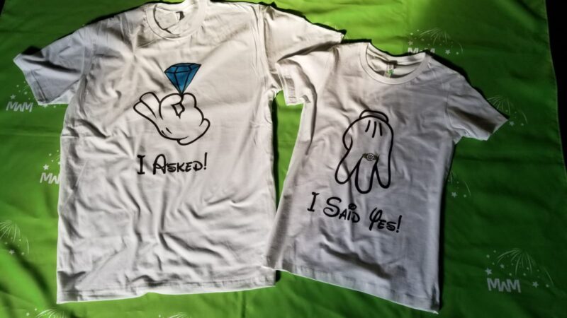 Cutest proposal shirts, I asked She said Yes! with awesome diamond ring Mickey and Minnie Mouse hands theme, married with mickey, white t-shirts