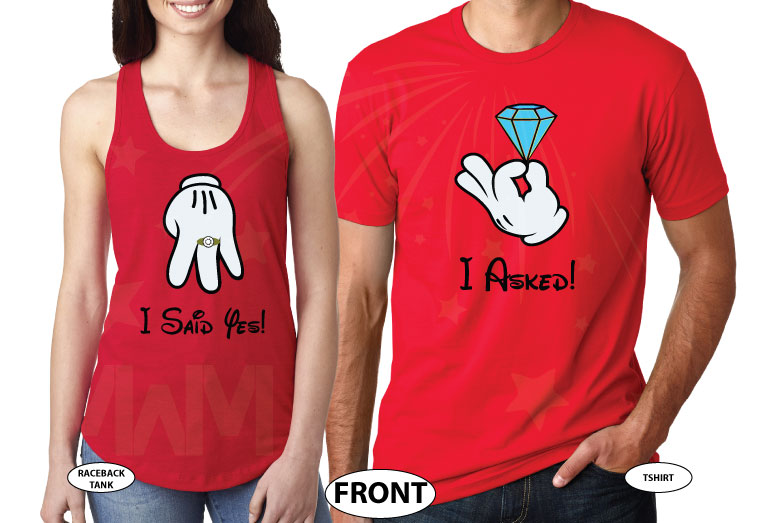 Cutest proposal shirts, I asked She said Yes! with awesome diamond ring Mickey and Minnie Mouse hands theme, married with mickey, red ladies tank top and mens tshirt