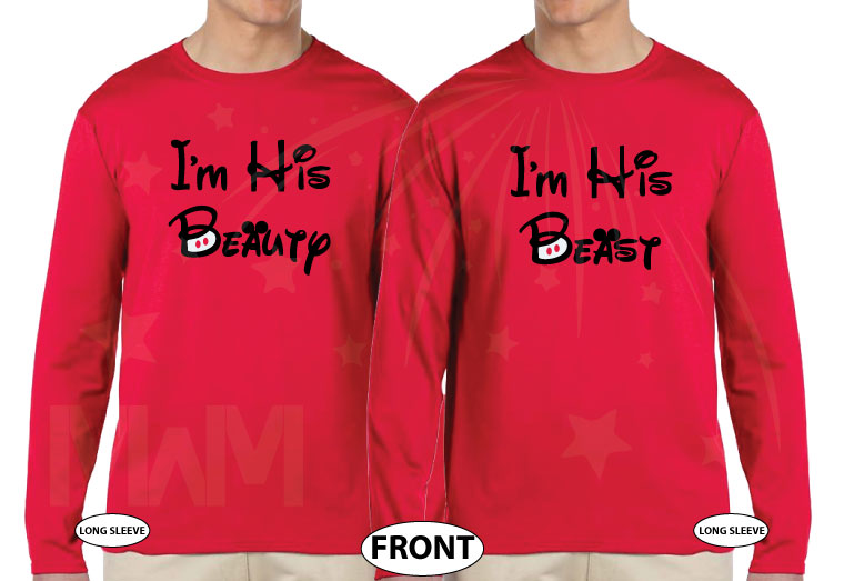 Customized Disney couple shirt for LGBT Gay shirts couples with initials and hearts I'm His Beauty I'm His Beast adorable matching apparel , married with mickey, red long sleeve tshirts