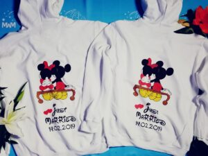 Disney inspired matching wedding anniversary couple shirts for Mr and Mrs Last Name, Disneyland mickey and minnie sweatshirts oversize store, married with mickey, white hoodies