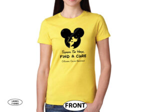 Spread The Hope Find a Cure Childhood Cancer Awareness slogan with Mickey Mouse silhouette shirt store custom create make your own etsy, married with mickey, gold yellow ladies t-shirt