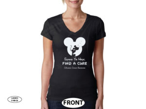 Spread The Hope Find a Cure Childhood Cancer Awareness slogan with Mickey Mouse silhouette shirt store custom create make your own etsy, married with mickey, black ladies v t-shirt