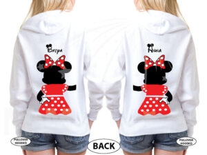 Great gift idea for anniversary LGBTQ Lesbians matching couple shirts Minnie Mouse with cute red bow I'm her holding hands etsy 5XL ladies, married with mickey, ladies white pullover hoodies
