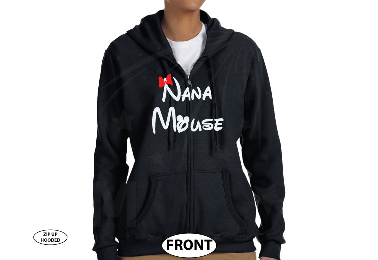Nana Mouse shirt for Grandma parents tee personalized Disney gift Minnie Mouse ears cute red bow family cruise vacation trip etsy store 5XL, married with mickey, unisex black pullover zip up hoodie