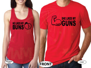 She likes my guns and He likes my Buns funny matching cool couples sweaters custom cheap on sale plus size 5XL etsy store proposal gift idea, married with mickey, red ladies tank and mens tee