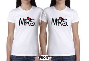 Great gift idea for anniversary LGBTQ Lesbian matching couple shirts future Mrs with Mickey and Minnie Mouse with cute red bow holding hands, married with mickey, white ladies t-shirts