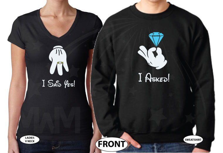 Cutest proposal shirts, I asked She said Yes! with awesome diamond ring Mickey and Minnie Mouse hands Disney inspired for future Mr Mrs etsy, married with mickey, mix and match black apparel ladies v neck tee and unisex sweater
