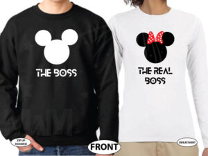 The Boss Real Boss matching couple shirts with Mickey and Minnie Mouse Disney universe walmart target forever 21 etsy store kohls orlando, married with mickey, white ladies long sleeve tee and black mens sweater