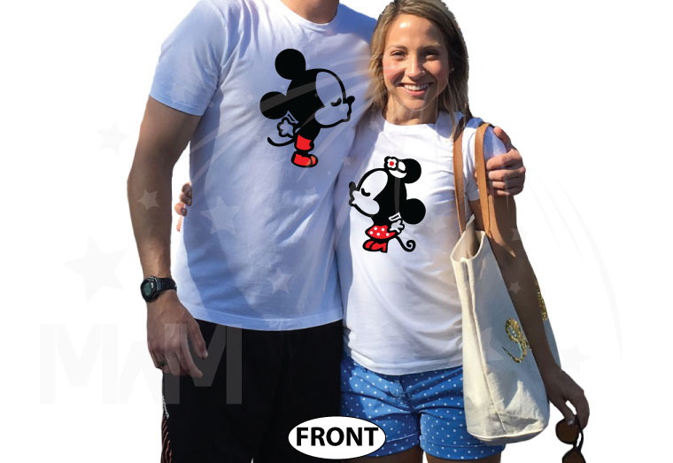 Adorable Kissing Mickey Minnie Mouse Engaged with custom date, married with mickey etsy shop, matching white tees