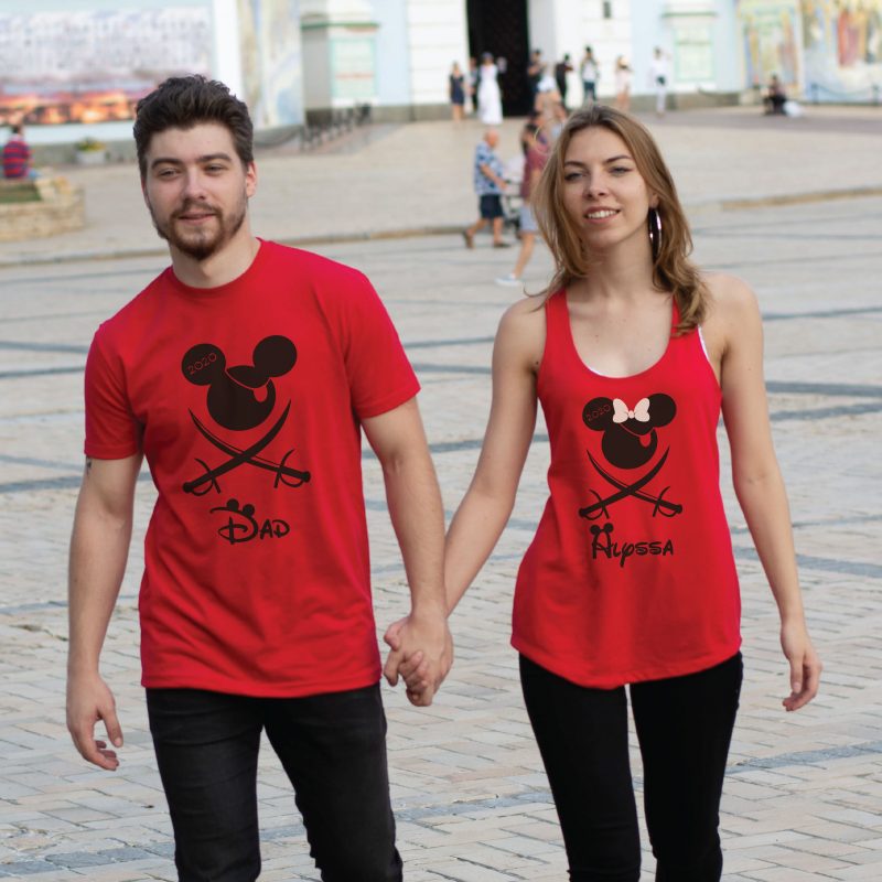 400046 Mickey Minnie Mouse Pirate Matching Shirts, With Custom Names and Year, red mix and match ladies tank top and mens tee