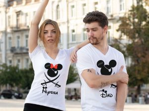 400046 Mickey Minnie Mouse Pirate Matching Shirts, With Custom Names and Year, white matching t-shirts