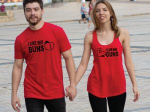 400059 I Like His Guns, I Like Her Buns Matching Couple Shirts, red mix and match ladies tank top and mens t-shirt