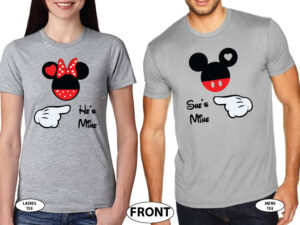 Mickey and Minnie Mouse He's Mine She's Mine with pointing hands white matching t-shirts grey matching tshirts