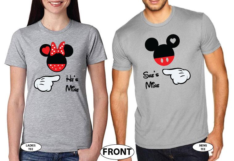 Mickey and Minnie Mouse He's Mine She's Mine with pointing hands white matching t-shirts grey matching tshirts