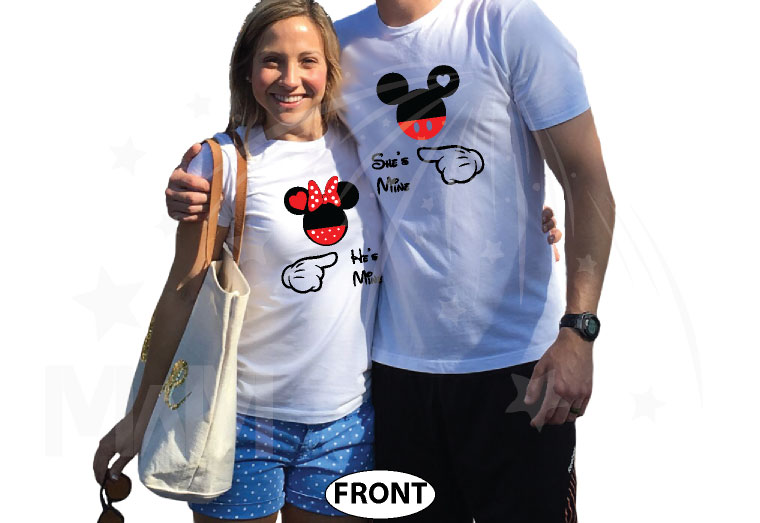 Mickey and Minnie Mouse He's Mine She's Mine with pointing hands white matching t-shirts
