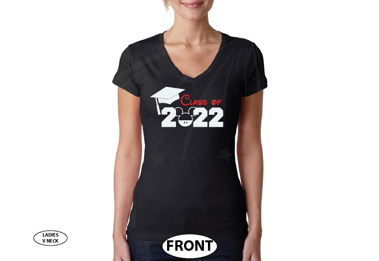 Graduation class 2022 Disney shirt, Mickey Mouse head, married with mickey, black ladies v neck tee