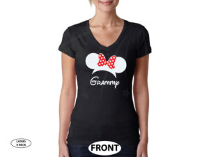Shirt for Grammy with Minnie Mouse Head and Ears cute red polka dots bow, married with mickey, black ladies v neck t-shirt