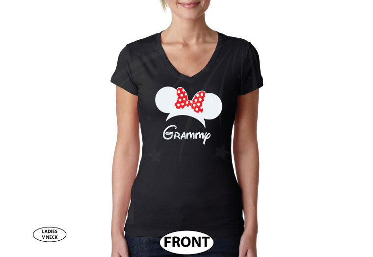 Shirt for Grammy with Minnie Mouse Head and Ears cute red polka dots bow, married with mickey, black ladies v neck t-shirt