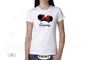 Shirt for Grammy with Minnie Mouse Head and Ears cute red polka dots bow, married with mickey, white ladies cut tee