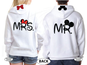 Mr and Mrs Mickey big ears Minnie Mouse Heads With Wedding Date, married with mickey, white matching hoodies