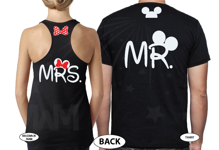 Mr and Mrs Mickey big ears Minnie Mouse Heads With Wedding Date, married with mickey, black ladies tank top and mens tee
