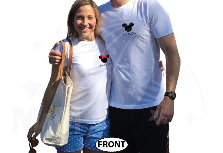 Mr and Mrs Mickey big ears Minnie Mouse Heads With Wedding Date, married with mickey, white matching tees