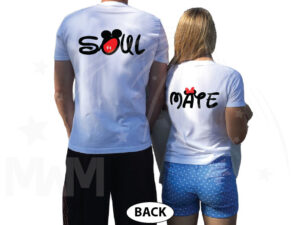 Soul Mate Couple Shirts Disney Font Minnie Mouse Bow Mickey Mouse Pants, married with mickey, white matching tees