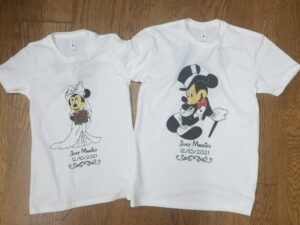 Just Married matching couples shirts with wedding date Minnie Mouse Bride and Mickey Mouse Groom married with mickey white t-shirts