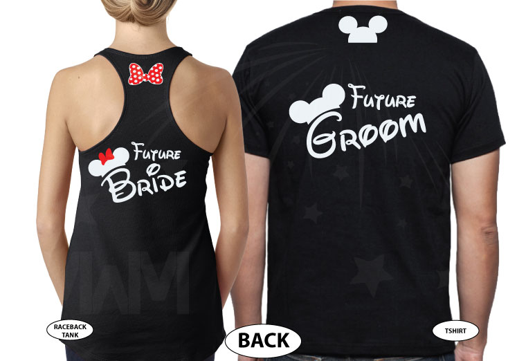 Future Bride and future Groom Cute Shirts Mickey Minnie Mouse Head and Red Polka Dots Bow, married with mickey, unisex black tank top and t-shirt