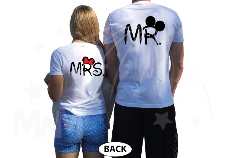Perfect wedding gift beautiful matching Mr and Mrs sweatshirts with Mickey Mouse ears Minnie Mouse red bow cruise family vacation trip etsy, married with mickey, white matching tshirts