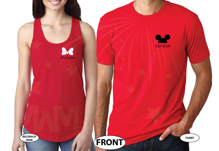Perfect wedding gift beautiful matching Mr and Mrs sweatshirts with Mickey Mouse ears Minnie Mouse red bow cruise family vacation trip etsy, married with mickey, red matching tank top and tee