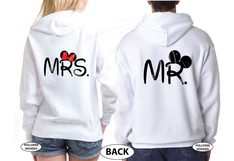 Perfect wedding gift beautiful matching Mr and Mrs sweatshirts with Mickey Mouse ears Minnie Mouse red bow cruise family vacation trip etsy, married with mickey, white matching hoodies