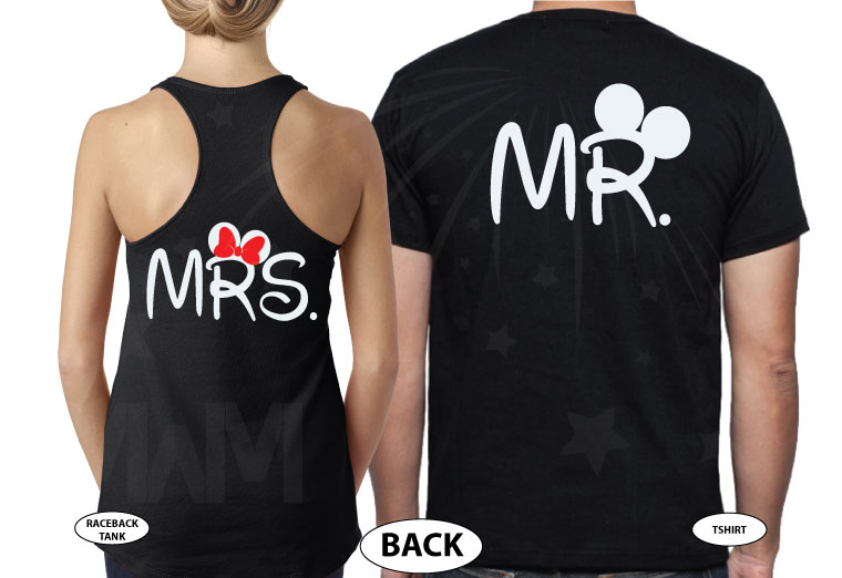 Perfect wedding gift beautiful matching Mr and Mrs sweatshirts with Mickey Mouse ears Minnie Mouse red bow cruise family vacation trip etsy, married with mickey, black matching tank top and tshirt