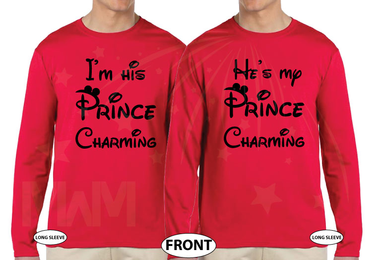 Personalized LGBT Gay matching tee t-shirts for Prince Charming I'm his and He's my super cute couples vacation Walt Disney World land, married with mickey, red matching long sleeve shirts