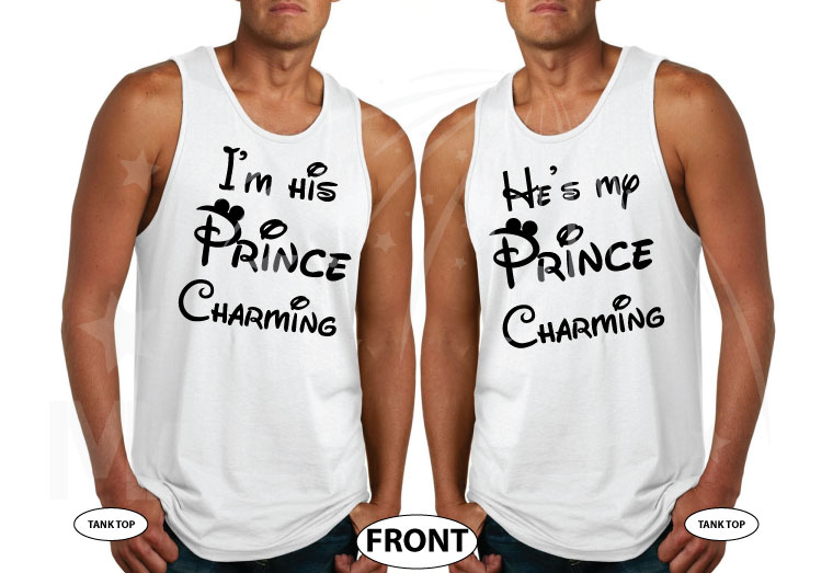 Personalized LGBT Gay matching tee t-shirts for Prince Charming I'm his and He's my super cute couples vacation Walt Disney World land, married with mickey, white tank tops