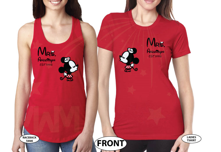 Custom LGBT Lesbian couple hoodies for Mrs with kissing Minnie Mouse add your last name date Walt World california orlando florida, married with mickey, red shirts