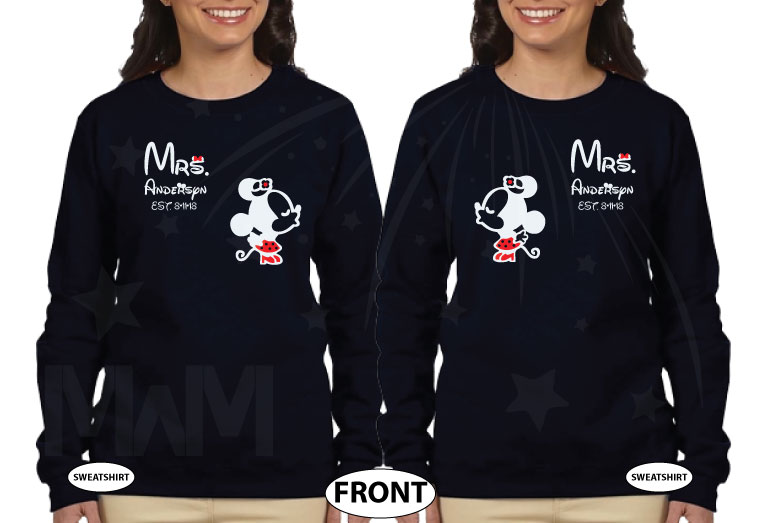 Custom LGBT Lesbian couple hoodies for Mrs with kissing Minnie Mouse add your last name date Walt World california orlando florida, married with mickey, black matching shirts