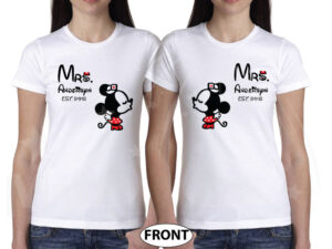 Custom LGBT Lesbian couple hoodies for Mrs with kissing Minnie Mouse add your last name date Walt World california orlando florida, married with mickey, white matching shirts