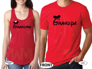 Grandma and Grandpa matching Mickey head Minnie Mouse ears shirts moon etsy store gram abuela grammy, married with mickey, red tee and tank